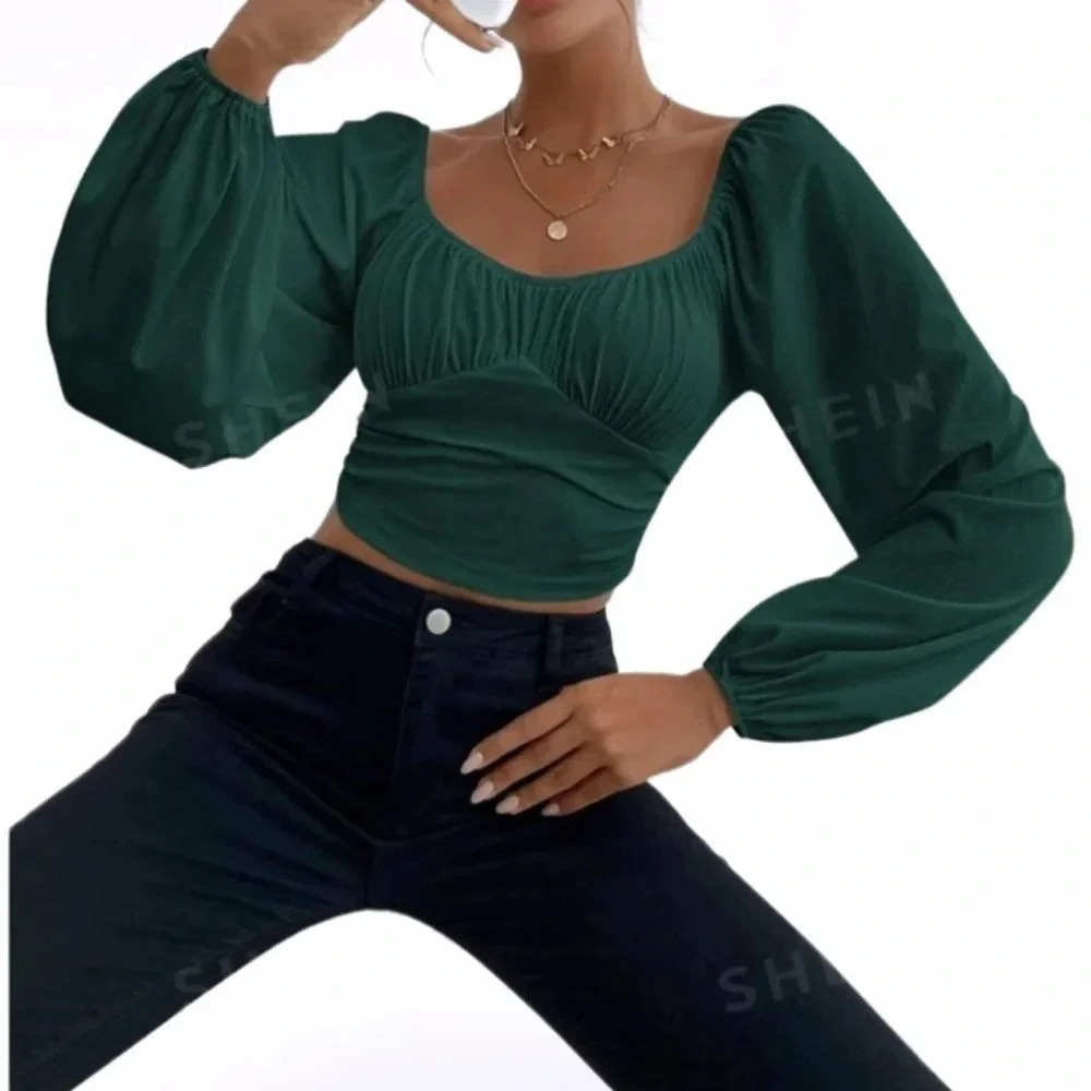 Abercrombie olive green chiffon puff long sleeve blouse  Sz S